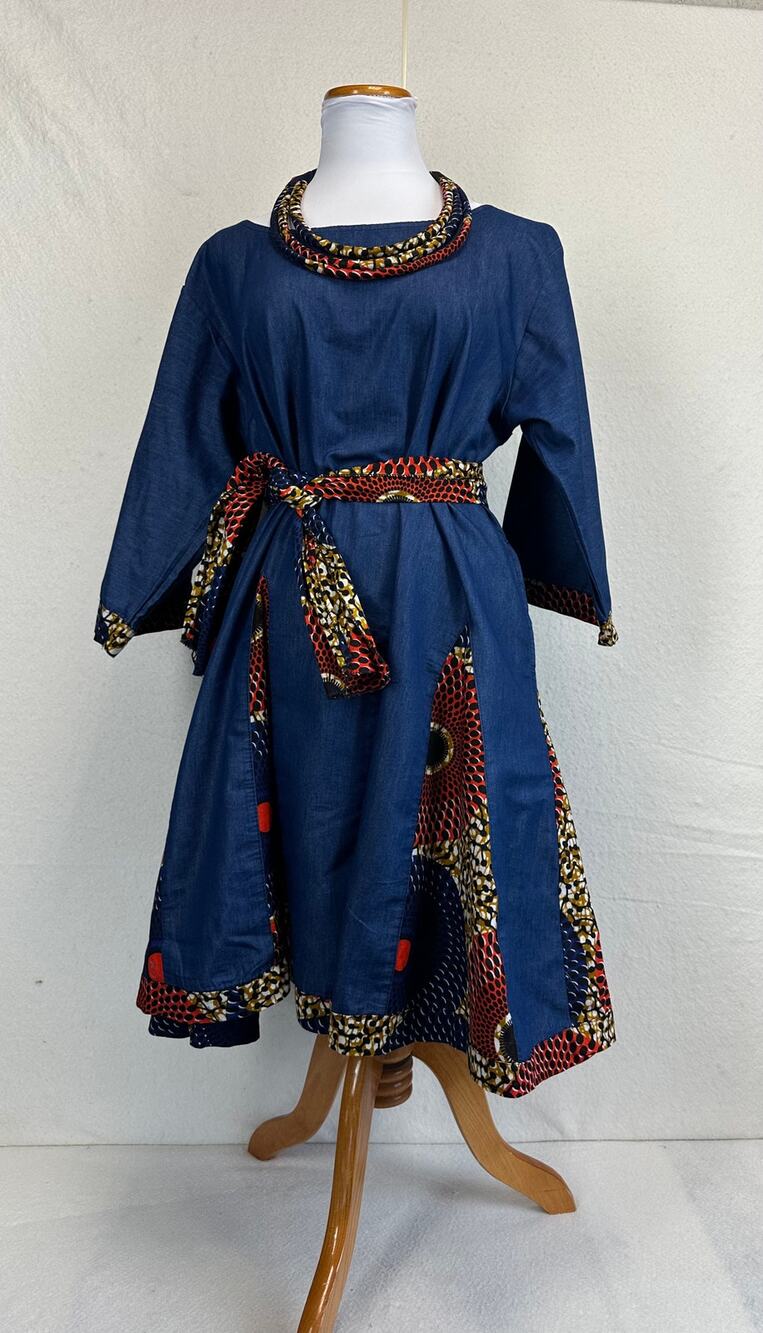 African Stars Midi Dress Denim Patchwork Ankara Fabric Pockets Belt Necklace OS